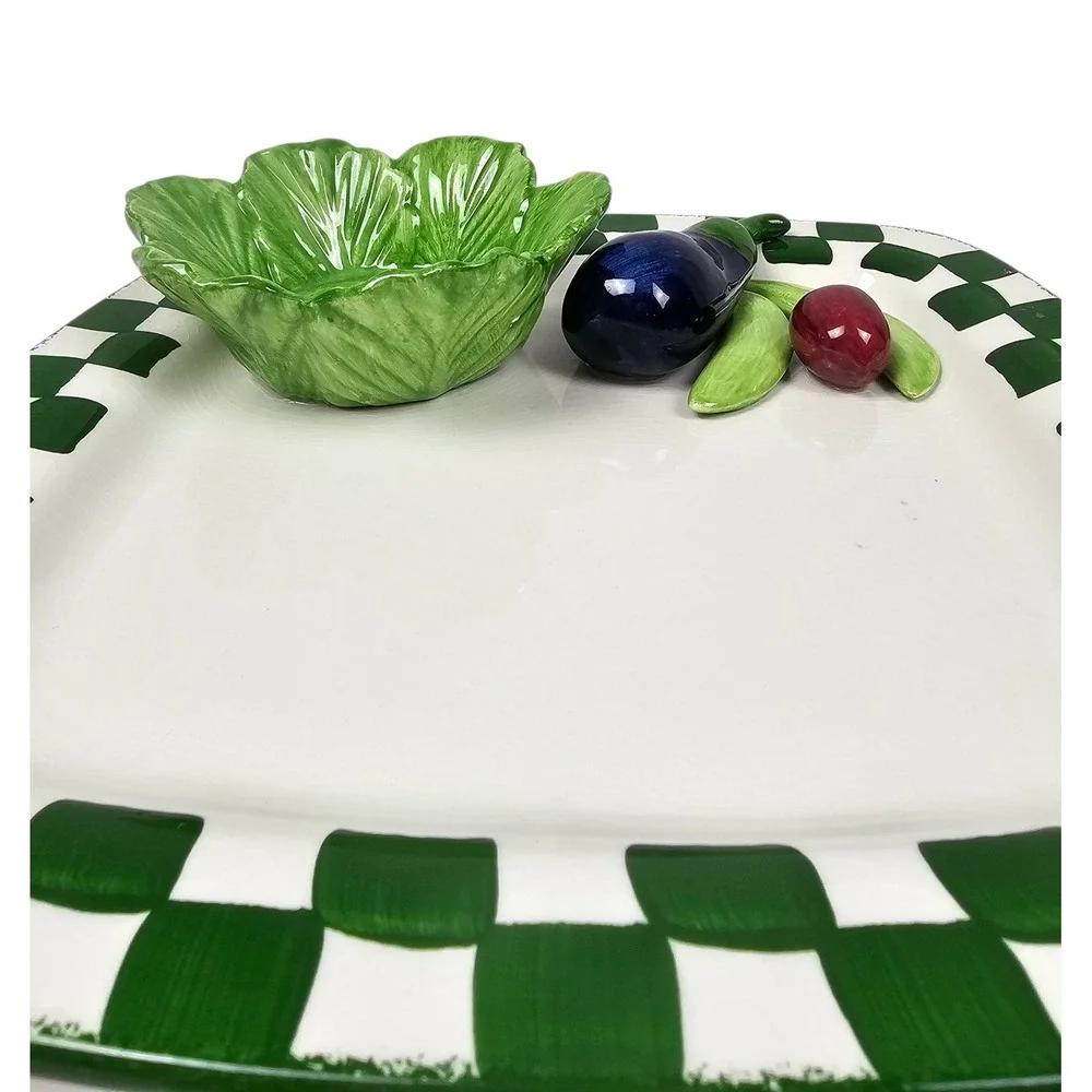 Cali Chip and & Platter Green Checkered Vegetable Cabbage Eggplant Serving‎ Tray
